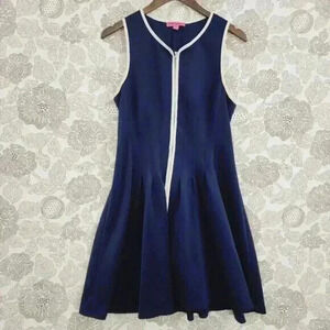 Betsey Johnson Sleeveless Fit & Flare Knee Dress 12 Full Zip Front Navy